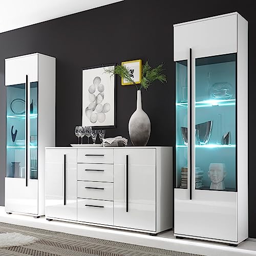 Lomadox Wohnwand Set in weiß Hochglanz mit 2 Vitrinen inkl. LED und großem Sideboard BxHxT: 300x200x42cm von Lomadox