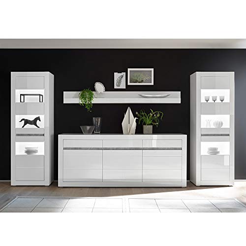Lomadox Wohnwand-Set mit Vitrinen inkl. LED und Sideboard in weiß Hochglanz von Lomadox