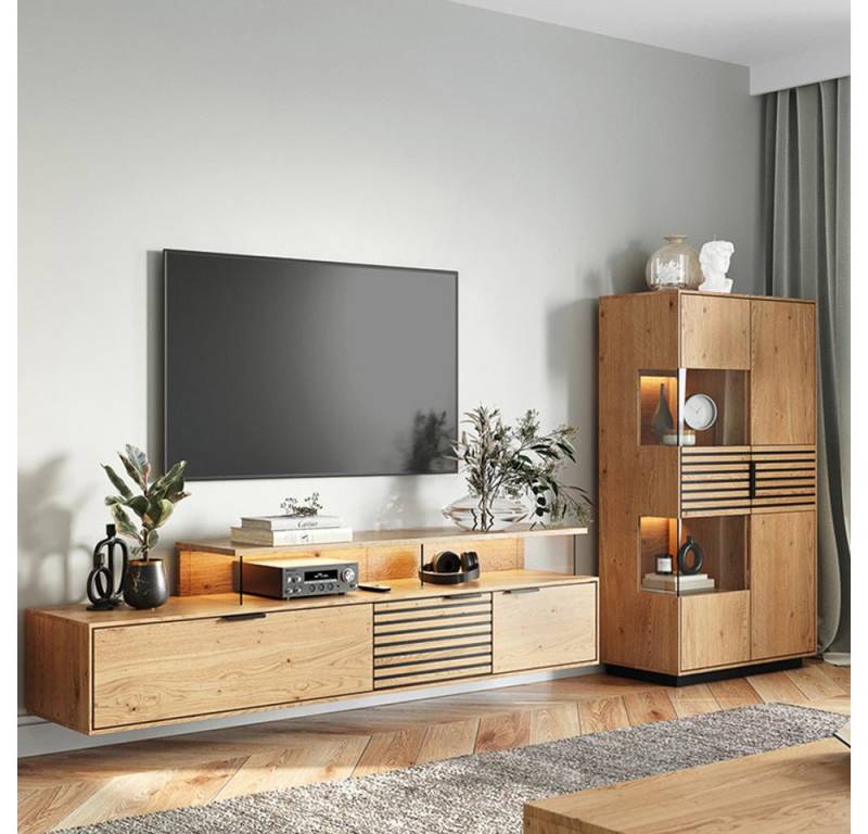 Lomadox Wohnwand TIVAT-163, (2-St., Lowboard Highboard), Eiche massiv geölt inkl. LED-Beleuchtung, Front mit schwarzen Lamellen von Lomadox