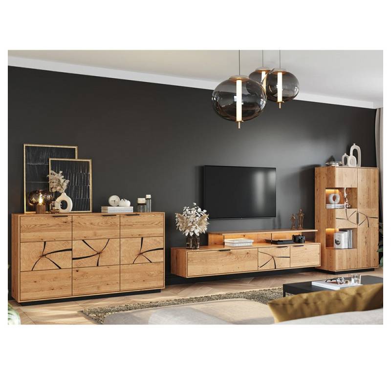 Lomadox Wohnwand TIVAT-163, (3-St., Sideboard Lowboard Highboard), Eiche massiv geölt inkl. LED-Beleuchtung, Front mit Hirnholzelementen von Lomadox
