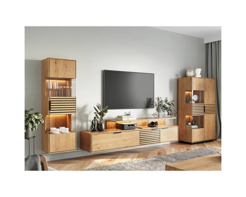 Lomadox Wohnwand TIVAT-163, (3-St., Vitrine Lowboard Highboard), Eiche massiv geölt inkl. LED-Beleuchtung, Front mit schwarzen Lamellen von Lomadox