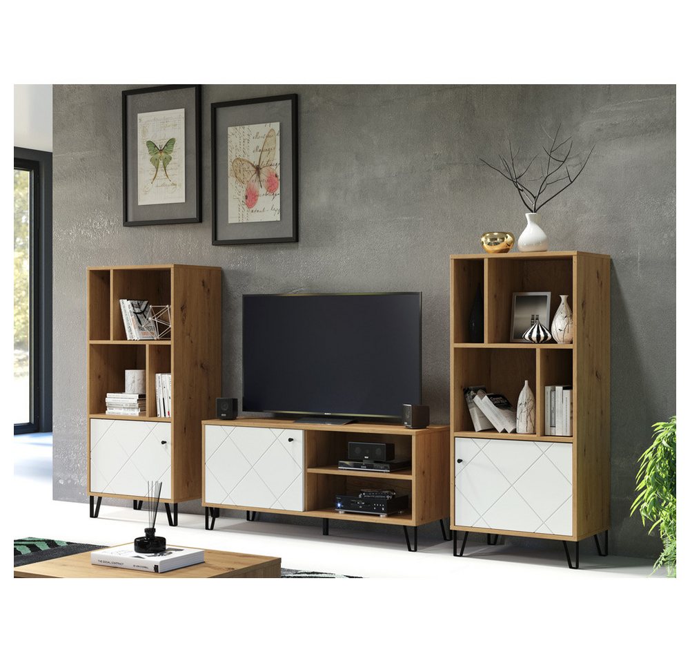 Lomadox Wohnwand TORINO-19, (3-St), TV Wand in Artisan Eiche Nb. mit weiß matt, B/H/T: ca. 279/136/40 cm von Lomadox