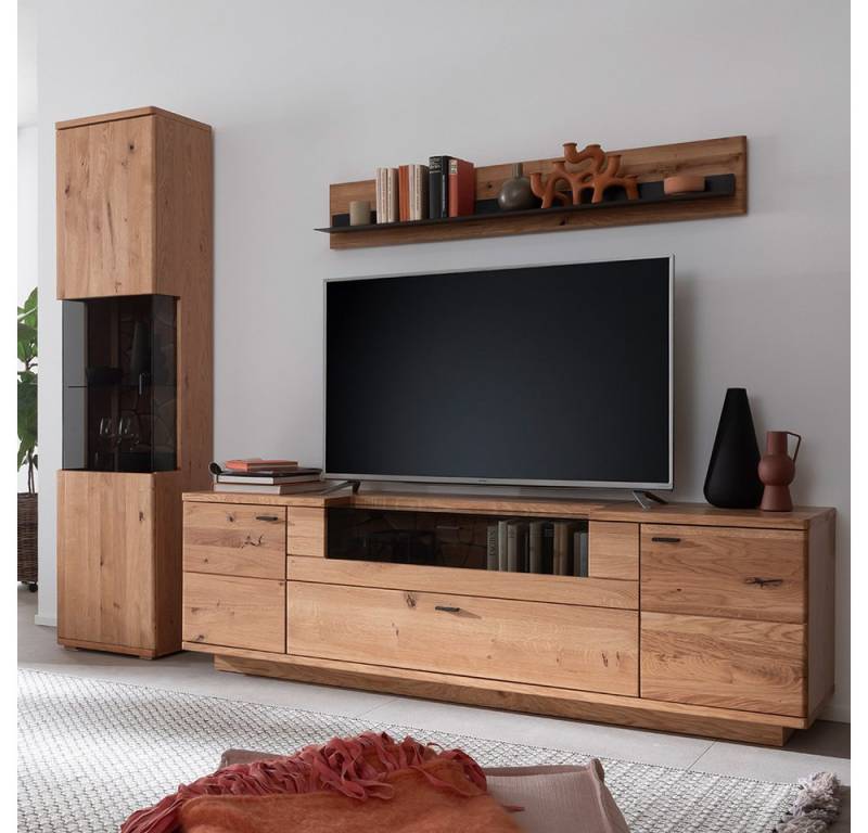 Lomadox Wohnwand VELJE-05, (3-St., Vitrine Wandboard Lowboard), in Eiche teilmassiv mit Glaselementen, montiert von Lomadox