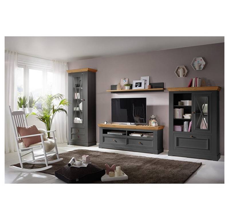 Lomadox Wohnwand WARNA-69, (4-St., 4-tlg), in Kiefer grau mit Eiche im Landhausstil von Lomadox