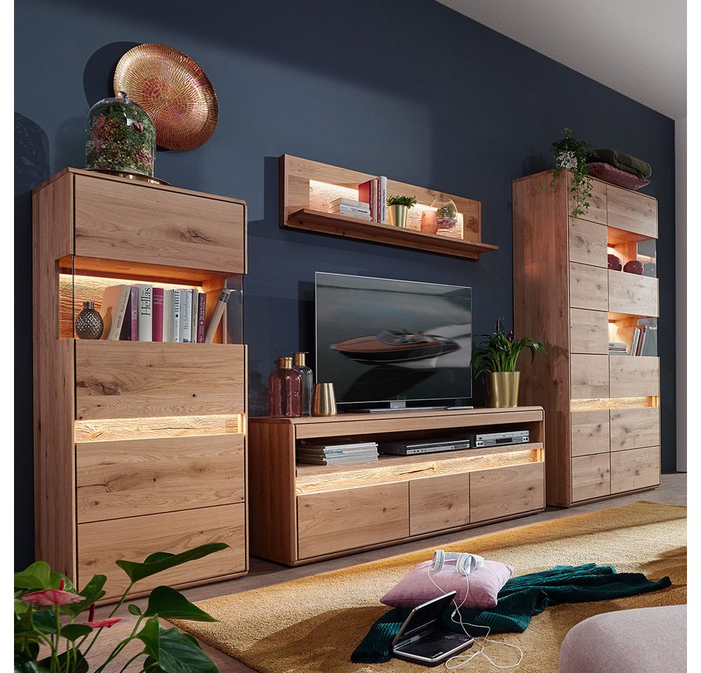 Lomadox Wohnwand WELLAND-69, (4-St., Highboard Lowboard Vitrine), in Eiche massiv geölt inkl. Beleuchtung, montiert von Lomadox