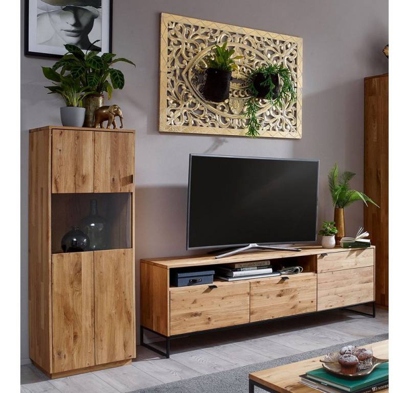 Lomadox Wohnwand WELLINGTON-69, (2-St), Wildeiche massiv geölt, mit LED Beleuchtung (warmweiß) von Lomadox