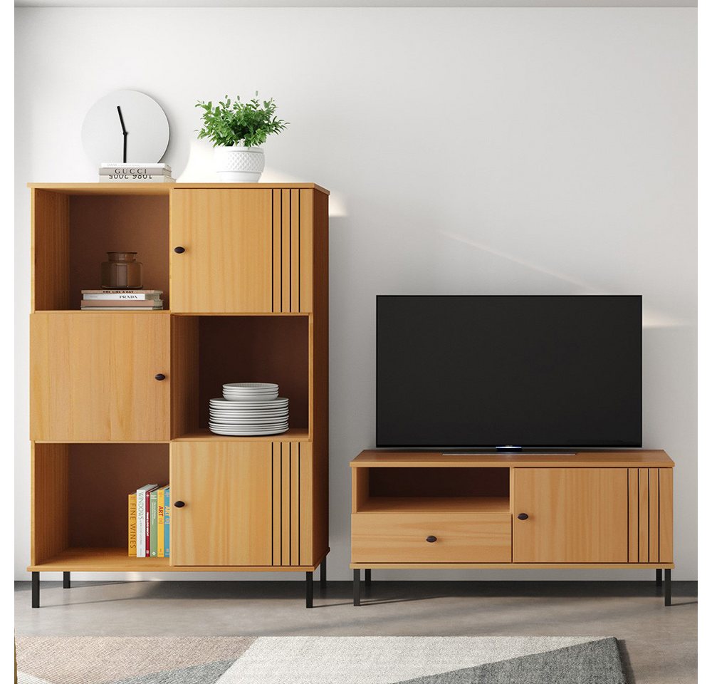 Lomadox Wohnwand WILLOW-69, (2-St., Highboard Lowboard), Kiefer massiv Massivholz eichfarbig Rillen Design von Lomadox