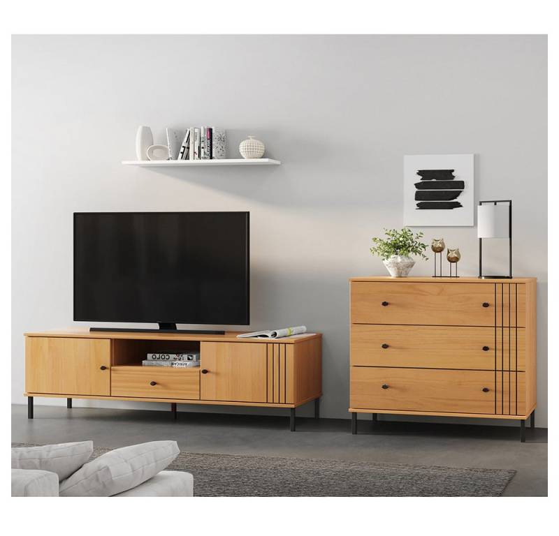 Lomadox Wohnwand WILLOW-69, (2-St., Lowboard Kommode), Kiefer massiv Massivholz eichfarbig Rillen Design von Lomadox