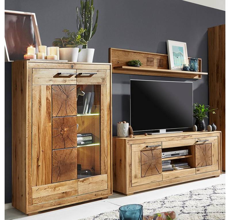 Lomadox Wohnwand WINNIPEG-69, (3-St., Highboard Wandboard Lowboard), Wildeiche massiv geölt mit Hirnholz-Element von Lomadox
