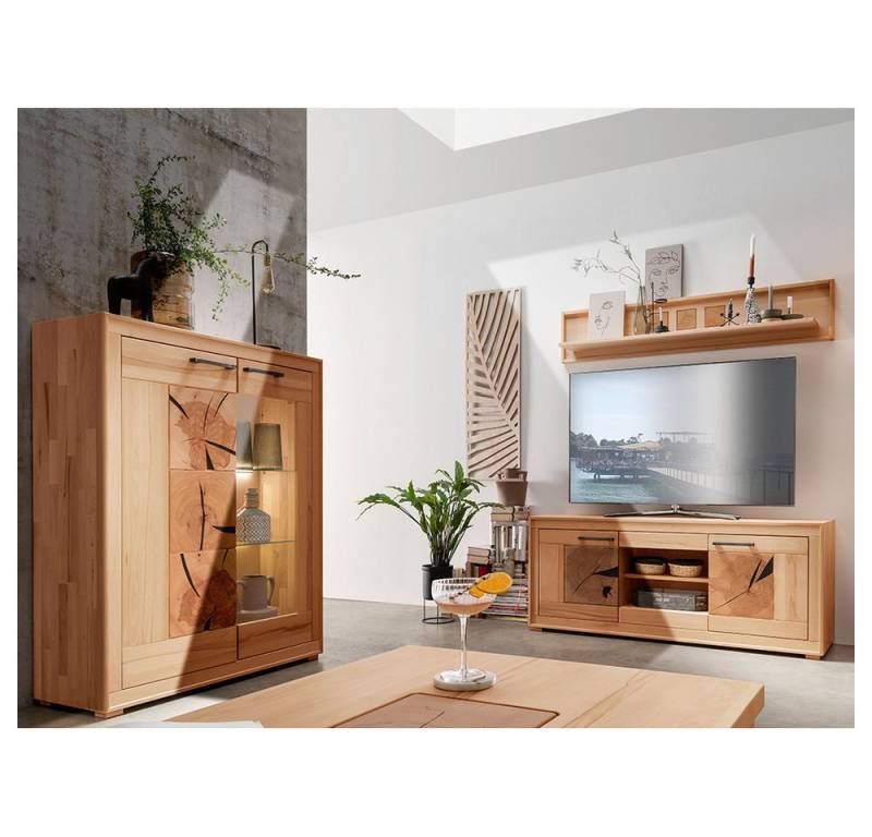 Lomadox Wohnwand WINNIPEG-69, (3-St., Highboard Wandboard Lowboard Beleuchtung), in Kernbuche massiv geölt mit Hirnholz-Details, inkl. LED-Beleuchtung von Lomadox