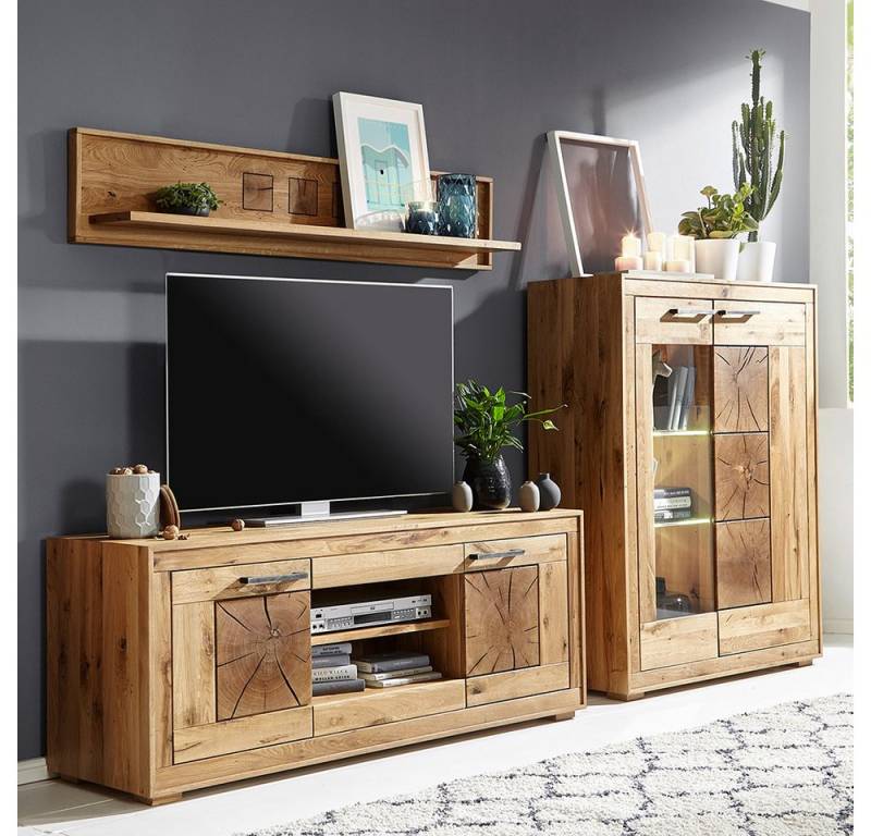 Lomadox Wohnwand WINNIPEG-69, (3-St., Highboard Wandboard Lowboard Beleuchtung), in Wildeiche massiv geölt mit Hirnholz-Element, inkl. Beleuchtung von Lomadox