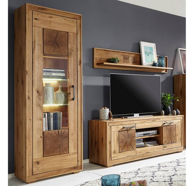 Lomadox Wohnwand WINNIPEG-69, (3-St., Wandboard Lowboard Vitrine Beleuchtung), in Wildeiche massiv geölt mit Hirnholz-Element, inkl. Beleuchtung von Lomadox