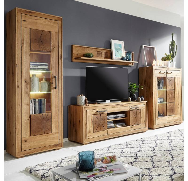 Lomadox Wohnwand WINNIPEG-69, (4-St., Highboard Wandboard Lowboard Vitrine), in Wildeiche massiv geölt mit Hirnholz-Element von Lomadox