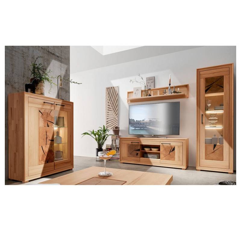 Lomadox Wohnwand WINNIPEG-69, (4-St., Highboard Wandboard Lowboard Vitrine Beleuchtung), in Kernbuche massiv geölt mit Hirnholz-Details, inkl. LED-Beleuchtung von Lomadox