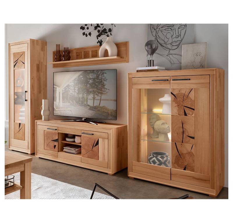 Lomadox Wohnwand WINNIPEG-69, (4-St., Vitrine Wandboard Lowboard Highboard Beleuchtung), in Kernbuche massiv geölt mit Hirnholz-Details, inkl. LED-Beleuchtung von Lomadox