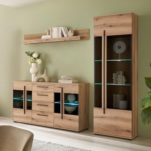 Lomadox Wohnwand Wohnzimmer-Set 3-teilig mit Sideboard, Vitrine und Wandregal in Eiche mit LED Beleuchtung Lomadox Wohnwand Wohnzimmer-Set 3-teilig mit Sideboard, Vitrine und Wandregal in Eiche mit LED Beleuchtung von Lomadox