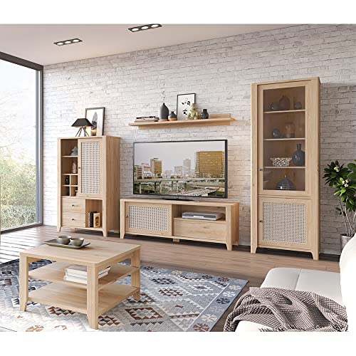 Lomadox Wohnwand Wohnzimmer inkl. Couchtisch Schrankwand Mediawand in Eiche Nb. mit Wiener Geflecht Nb., B/H/T: ca. 350/206/42 cm von Lomadox