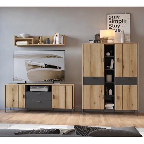 Lomadox Wohnwand in Eiche mit anthrazit Industrial Stil 3-teilig mit Lowboard Highboard Wandregal, Metallfüße Softclose-Türen Schubladen mit Vollauszug Lomadox Wohnwand in Eiche mit anthrazit Industrial Stil 3-teilig mit Lowboard Highboard Wandregal, Metallfüße Softclose-Türen Schubladen mit Vollauszug von Lomadox