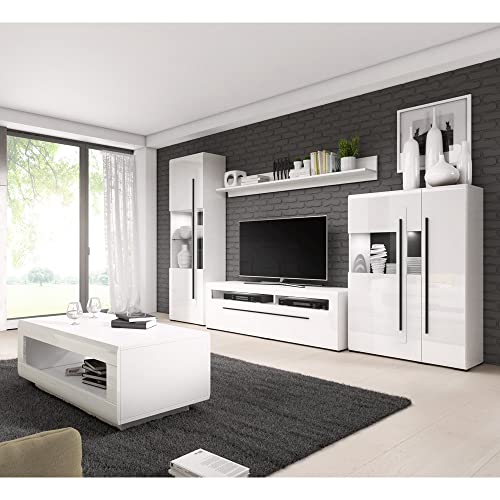 Lomadox Wohnzimmer Anbauwand weiß Hochglanz moderner Stil mit Absetzungen in schwarz inkl. LED Beleuchtung und Couchtisch, B/H/T: ca. 320/204/50 cm von Lomadox