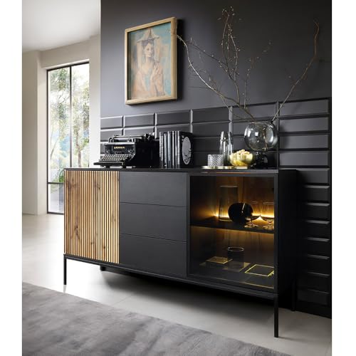 Lomadox Wohnzimmer Esszimmer Anrichte Sideboard mit Beleuchtung in schwarz mit Wotan Eiche von Lomadox