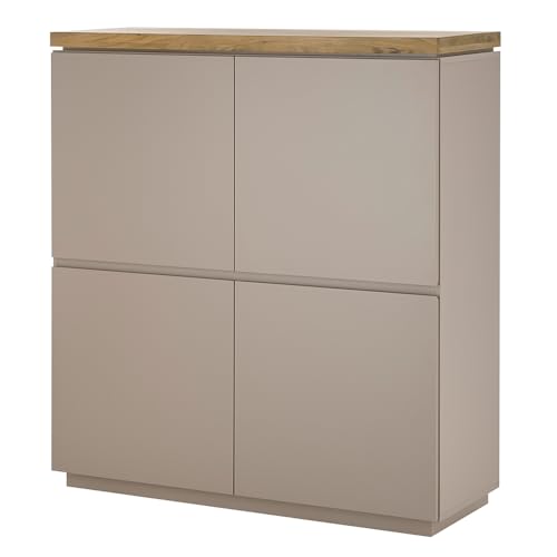 Lomadox Wohnzimmer-Highboard 113 cm in grau mit Deckplatte aus Akazie massiv modern, 4-türig von Lomadox
