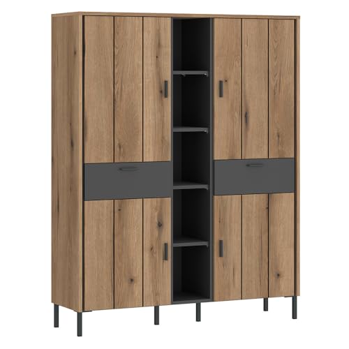 Lomadox Wohnzimmer-Highboard 119 cm Breite in Eiche mit anthrazit Metallfüße Industrial Stil modern 4 Softclose Türen 2 Schubladen mit Vollauszug von Lomadox