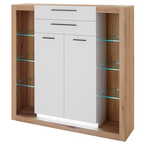 Lomadox Wohnzimmer-Highboard 140 cm breit Wohnzimmerschrank in Eiche mit weiß, 2 Türen, 2 Schubladen, LED Beleuchtung von Lomadox