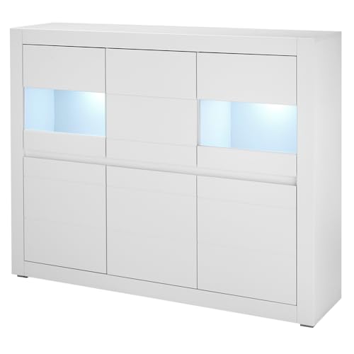 Lomadox Wohnzimmer-Highboard 165 cm breit, modern, LED Beleuchtung, in weiß matt mit wechselbarer Griffleiste, 6-türig mit Softclose-Funktion von Lomadox