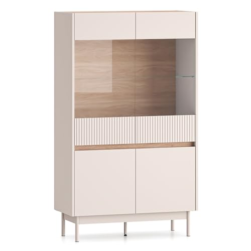 Lomadox Wohnzimmer-Highboard 92 cm breit 2 Türen 2 Glastüren in Kaschmir matt mit Eiche Rillenoptik Glaseinlegeboden grifflos Metallfüße von Lomadox