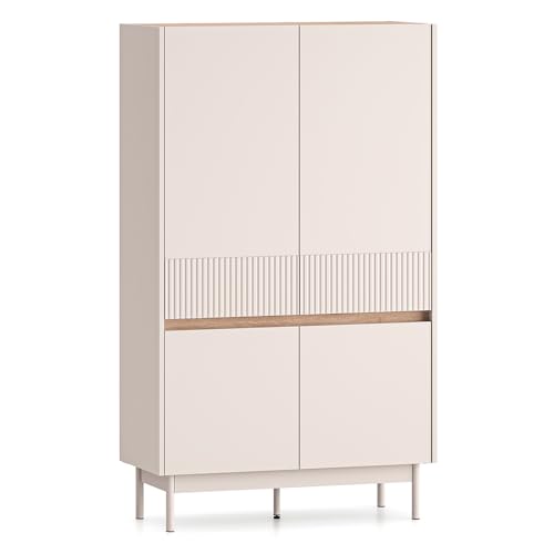 Lomadox Wohnzimmer-Highboard 92 cm in Kaschmir matt mit Eiche Rillenoptik 4 Türen Softclose Einlegeboden griffloses Design Metallfüße von Lomadox