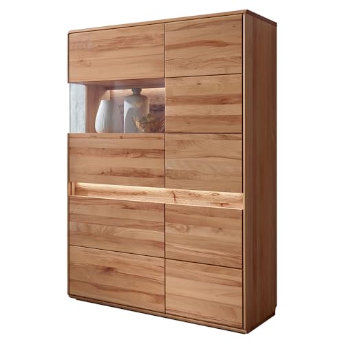 Lomadox Wohnzimmer Highboard Vitrinenschrank mit 103 cm Breite in Buche Buche massiv geölt, inkl. LED-Beleuchtung, Vitrinenfach Links, 4 Türen, Massivholz/Echtholz, Softclose, grifflos von Lomadox