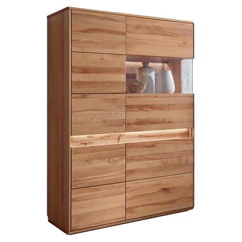 Lomadox Wohnzimmer Highboard Vitrinenschrank mit 103 cm Breite in Buche Buche massiv geölt, inkl. LED-Beleuchtung, Vitrinenfach rechts, 4 Türen, Massivholz/Echtholz, Softclose, grifflos von Lomadox