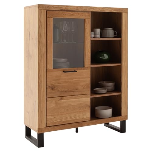 Lomadox Wohnzimmer Highboard Vitrinenschrank mit 108 cm Breite in Eiche teilmassiv, mit 1 Glastür & 4 offenen Fächern, Echtholz/Massivholz-Fronten, geölt von Lomadox