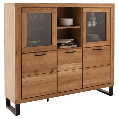 Lomadox Wohnzimmer Highboard Vitrinenschrank mit 159 cm Breite in Eiche teilmassiv, mit 2 Glastüren, 3 Holztüren & 2 offenen Fächern, Echtholz/Massivholz-Fronten, geölt von Lomadox