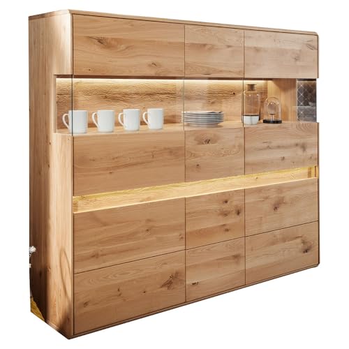 Lomadox Wohnzimmer Highboard Vitrinenschrank mit 164 cm Breite in Eiche massiv geölt, inkl. LED-Beleuchtung, 6 Türen, Massivholz/Echtholz, Softclose, grifflos von Lomadox