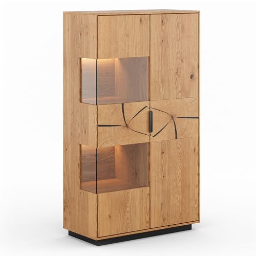 Lomadox Wohnzimmer Highboard Vitrinenschrank mit 83 cm Breite aus Eiche massiv geölt, stehend oder hängend montierbar, mit Hirnholz-Front und LED-Beleuchtung, Echtholz/Massivholz, montierte Lieferung von Lomadox