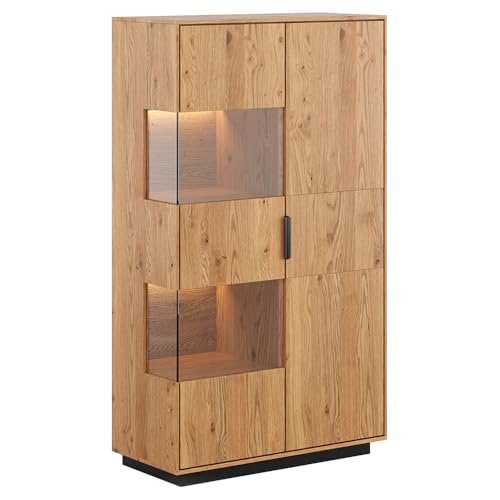 Lomadox Wohnzimmer Highboard Vitrinenschrank mit 83 cm Breite aus Eiche massiv geölt, stehend oder hängend montierbar, mit LED-Beleuchtung, Echtholz/Massivholz, montierte Lieferung von Lomadox