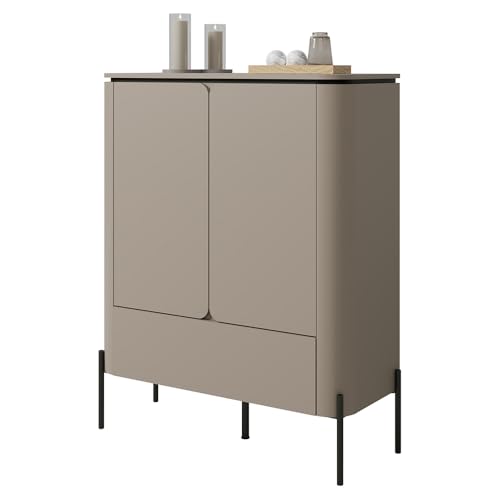Lomadox Wohnzimmer Highboard Vitrinenschrank mit 98 cm Breite in Greige/Taupe, mit 2 Türen & 1 Schublade, modern, abgerundete Front, Push-to-Open, Metallfüße Lomadox Wohnzimmer Highboard Vitrinenschrank mit 98 cm Breite in Greige/Taupe, mit 2 Türen & 1 Schublade, modern, abgerundete Front, Push-to-Open, Metallfüße von Lomadox