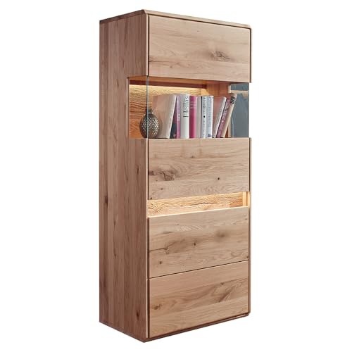 Lomadox Wohnzimmer Highboard Vitrinenschrank mit Türanschlag rechts, 63 cm breit in Eiche massiv geölt, inkl. LED-Beleuchtung, 2 Türen, Massivholz/Echtholz, Softclose, grifflos von Lomadox