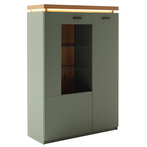 Lomadox Wohnzimmer-Highboard mit 98cm Breite in Grün mit Eiche, 2 Türen, Glaseinsatz, LED-Akzentbeleuchtung - von Lomadox