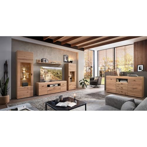Lomadox Wohnzimmer Komplett Set in Esche teilmassiv Beleuchtung TV-Wohnwand Sideboard Cochtisch Softclose Vitrinen montiert von Lomadox
