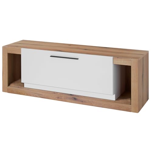 Lomadox Wohnzimmer-Lowboard 150 cm breit Fernsehschrank, Fernsehtisch, TV-Board in Eiche mit weiß matt, 1 Klappe, 2 offene Fächer von Lomadox