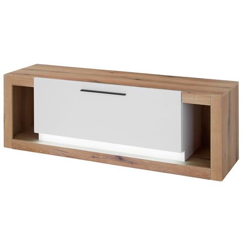 Lomadox Wohnzimmer-Lowboard 150 cm breit TV Board, Fernsehschrank in Eiche mit weiß, 1 Klappe, 2 offene Fächer, LED Beleuchtung von Lomadox