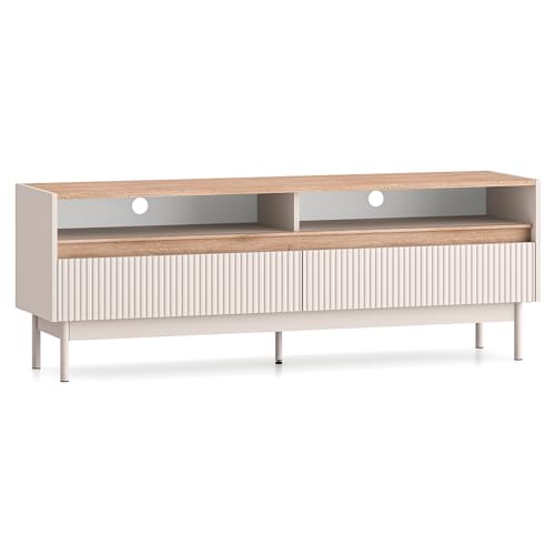 Lomadox Wohnzimmer-Lowboard 154 cm breit in Kaschmir matt mit Eiche Rillenoptik 2 Schubladen offene Fächer grifflos Metallfüße Lomadox Wohnzimmer-Lowboard 154 cm breit in Kaschmir matt mit Eiche Rillenoptik 2 Schubladen offene Fächer grifflos Metallfüße von Lomadox