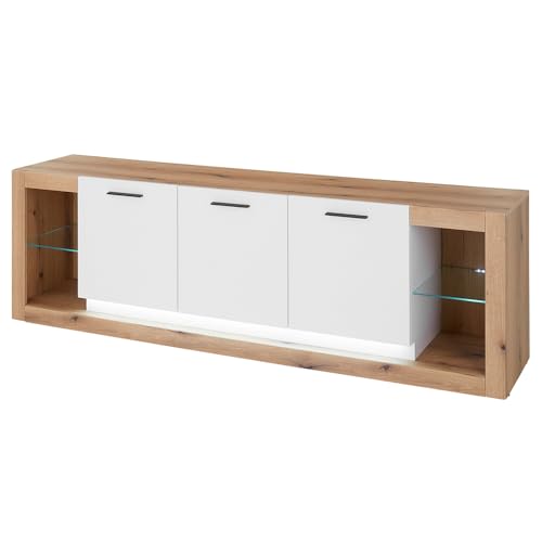 Lomadox Wohnzimmer-Lowboard 198 cm breit TV Board, Fernsehschrank in Eiche mit weiß, 3 Türen, Glaseinlegeböden, LED Beleuchtung Lomadox Wohnzimmer-Lowboard 198 cm breit TV Board, Fernsehschrank in Eiche mit weiß, 3 Türen, Glaseinlegeböden, LED Beleuchtung von Lomadox