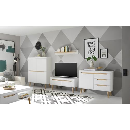 Lomadox Wohnzimmer Möbel in Weiß Matt mit Eiche, 4-teilig inkl. Couchtisch, Highboard, TV-Lowboard, Wandboard von Lomadox