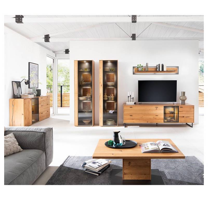 Lomadox Wohnzimmer-Set AVETRANA-05, (Mega-Spar-Set, 6-St., Sideboard Couchtisch Vitrinen Wandboard Lowboard), Wohnwand mit Couchtisch, Wildeiche teilmassiv geölt, inkl. Beleuchtung von Lomadox