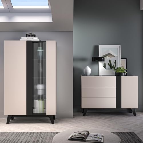 Lomadox Wohnzimmer-Set 2-teilig mit Highboard und Kommode in Kaschmir mit schwarz modern Softclose-System grifflos Möbelfüße von Lomadox