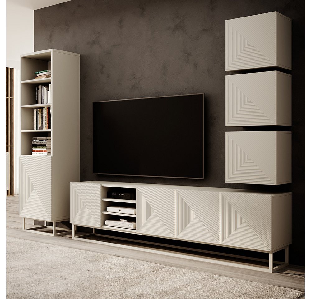 Lomadox Wohnzimmer-Set ADARE-141, (Mega-Spar-Set, 5-St., Hängeschränke Lowboard Regal), in kaschmir mit gerillter Front und Metallgestell, Push-to-Open von Lomadox