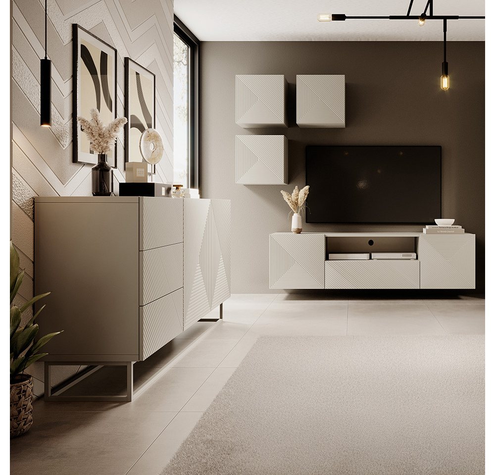 Lomadox Wohnzimmer-Set ADARE-141, (Mega-Spar-Set, 5-St., Hängeschränke Lowboard Sideboard), in kaschmir mit gerillter Front und Metallgestell, Push-to-Open von Lomadox